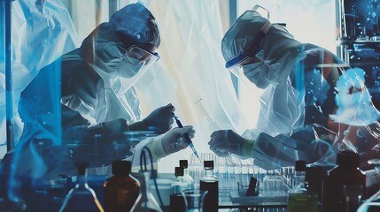 Two med doctors scientists making medical researches for illness treatment cures Epidemiological studies Contemporary art collage Concept of medicine healthcare pharmacy and science : Generative AI