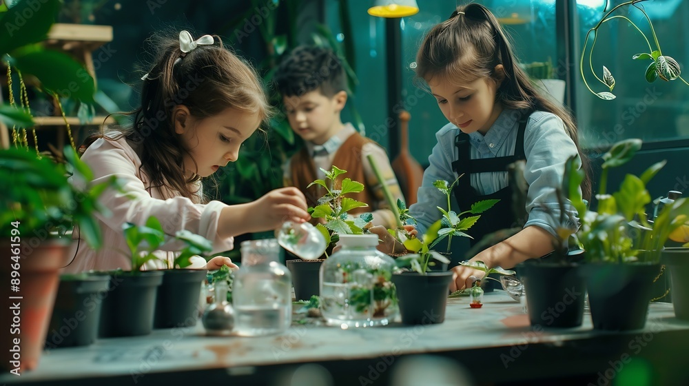Poster science students and curious of plants children and teacher with container of sample of nature class