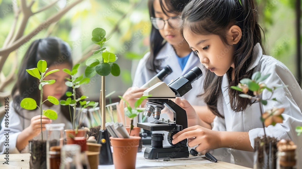Poster Learning students and children in classroom for microscope teacher and science for experiment of plants Container sample and observation of nature growth and development of kids with e : Generative AI