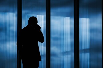 Fototapeta premium Businessman in modern office talking on the phone by the window