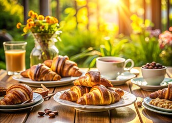Warm morning sunlight illuminates an elegant table setting, featuring an assortment of artisanal pastries, including rich chocolate croissants and crispy almond bear claws.