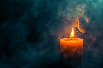 Candle aflame amidst dim and smoky surroundings