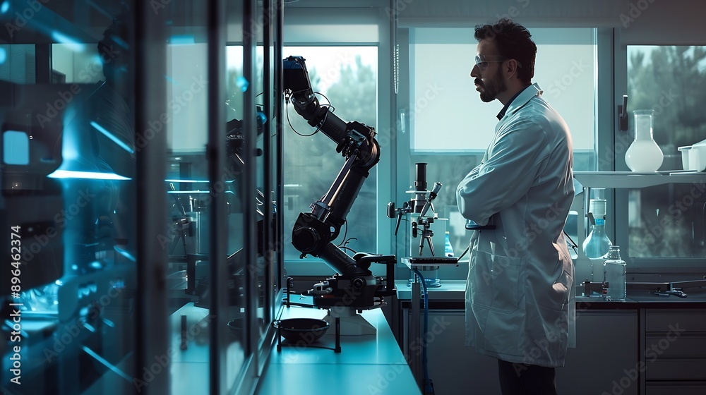 Poster Thoughtful scientist standing near robotic arms in front of window at laboratory : Generative AI