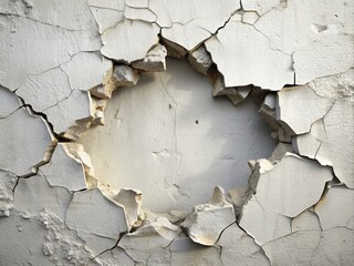 Naklejka premium Cracked and crumbling white wall with a large gaping hole, rough edges and fragmented remains, ideal for representing decay, damage or brokenness concept.