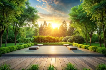 Peaceful outdoor setting with vacant space, subtle sunlight, and serene atmosphere, perfect for overlaying text or logos, evoking feelings of harmony and wellness.