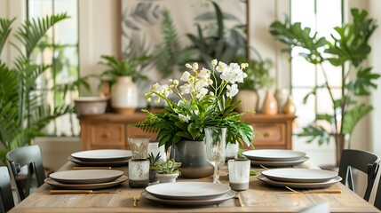 Elegant Table Setting with White Orchids in a Modern Home