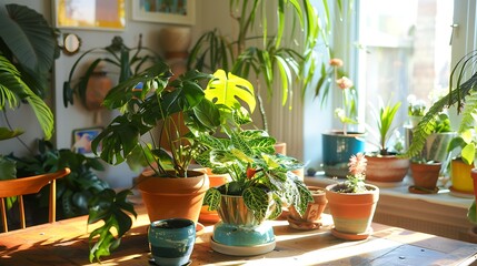 Sunlight Streaming Through a Window Illuminates a Room Filled with Plants