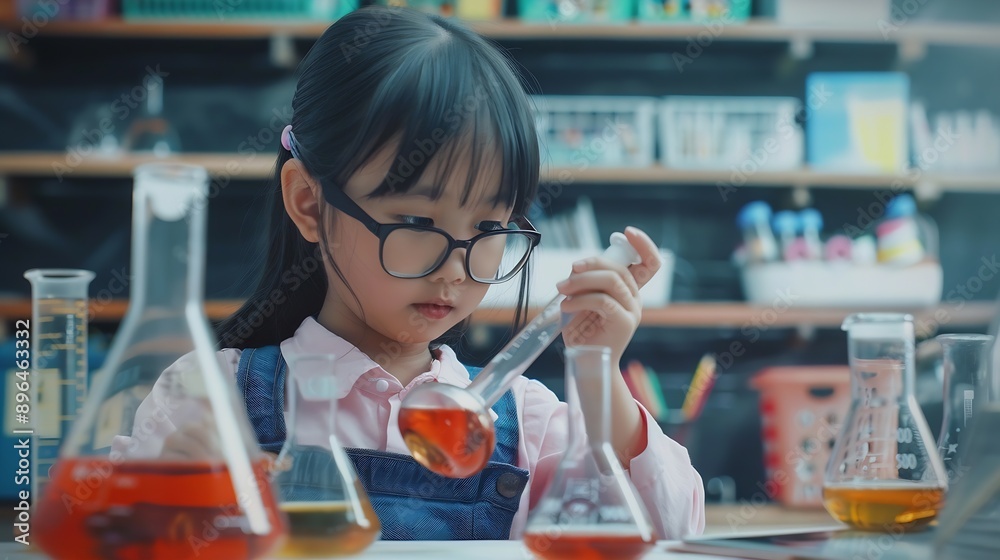Poster girl classroom and science beaker for learning education and test with smart or intelligent child st