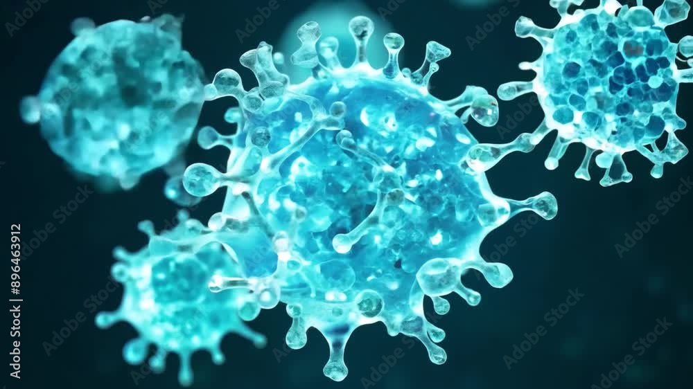 Poster a 3d illustration of a blue virus on a dark blue background. the virus is in sharp focus, and there 