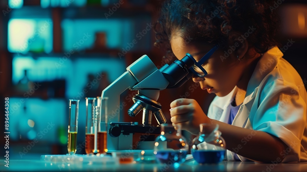 Aufkleber little scientist looking through a microscope and test tubes filled with chemicals for learning about science and experiments : Generative AI