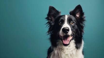 Fototapeta premium studio portrait of black and white border collie sitting looking forward with big smile mouth open tongue showing against a teal blue background : Generative AI