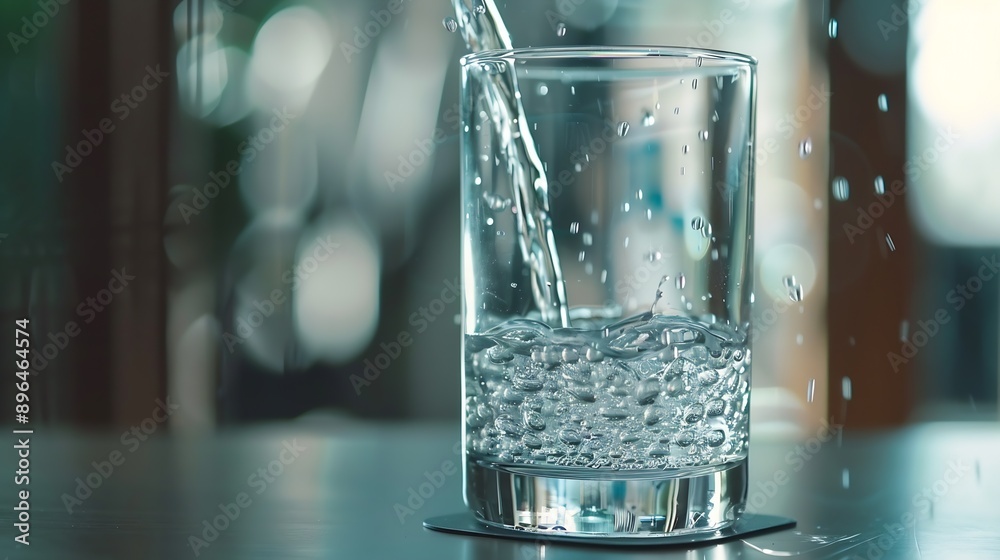 Poster pouring drinking water in a transparent glass isolated on abstract background with glass table water resource concept with copy space : Generative AI