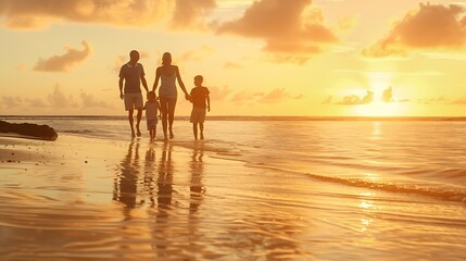 Fototapeta premium Happy family beach holiday and walking smile for vacation on tropical island Man woman and children together with sunglasses by ocean for travel with wellness mockup space at sunset in : Generative AI