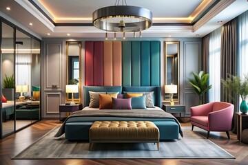 Fototapeta premium pink , red , blue , orange , yellow , black , grey , dark navy , sea green interior modern luxury bedroom design and modern department and decoration for the hall .decoration with the mirror,sofa .