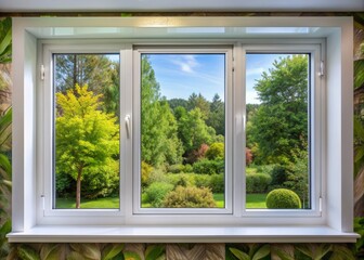 Contemporary home featuring a freshly installed plastic PVC window with a sleek white metal frame, set against a blurred backdrop of vibrant lush green trees.