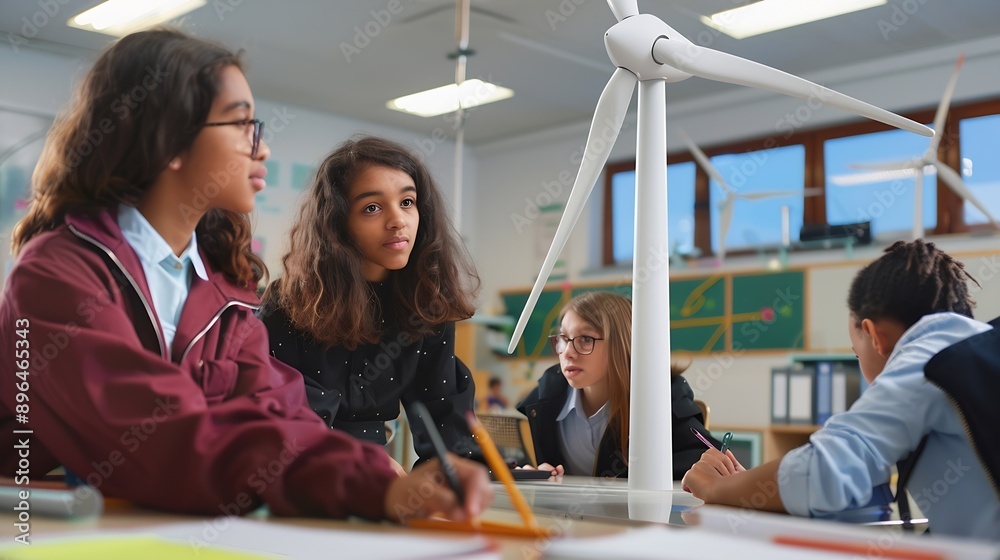 Poster Secondary Or High School Students Studying Wind Turbines In Science Class With Teacher In Background : Generative AI