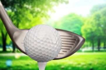 Golf clubs and balls on green lawn at course
