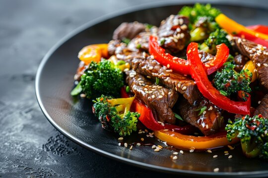 Close up of Asian teriyaki beef with peppers broccoli and sesame on black table