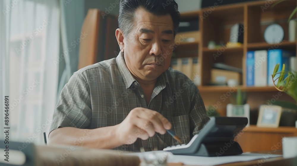 Poster asian man is using a calculator to calculate his familys monthly miscellaneous expenses at his home 
