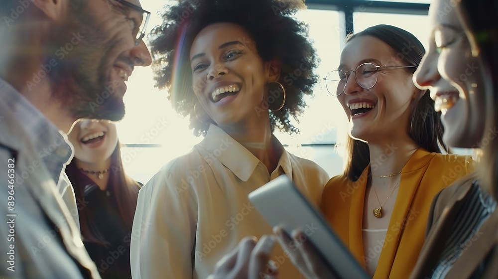 Poster business people team and laughing with tablet in office for funny online browsing comic email and re
