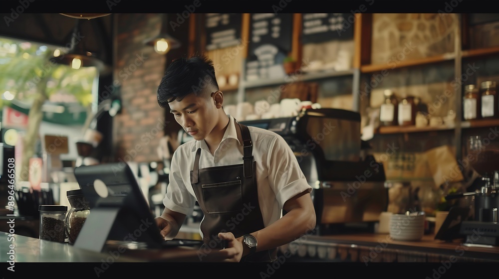 Poster Barista man and tablet for coffee shop inventory or online order on website in startup cafe Small business owner waiter and review with technology for stock menu or price checklist in  : Generative AI