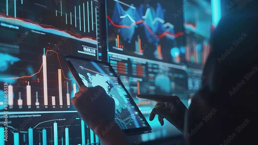 Poster Business 2025 graphs statistics to analyze business potential concepts Businesswomen use tablet analytics charts forecast future Marketing targets growth to optimize performance for pr : Generative AI