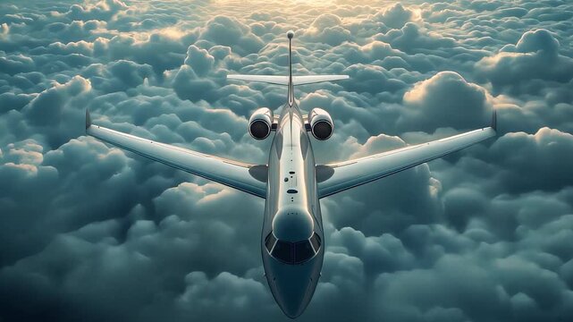 Luxury business jet soars above a stunning layer of clouds during sunrise, showcasing a breathtaking aerial view of the sky and the serene atmosphere of high-altitude travel
