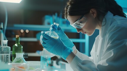 Science people and training with petri dish in laboratory for medical research experiment and practical exam Girl woman and biochemistry internship and discussion on study and clinical : Generative AI