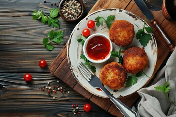 Close up view of authentic homemade fish cakes plated with sauce spices fork and knife
