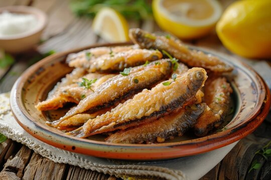 Closeup of a Spanish plate with fried anchovies served on a wooden table