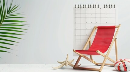 Red beach chair on white blank calendar background copy space Annual leave travel period for relaxation concept Period of paid time off PTO granted to employees by their employer : Generative AI