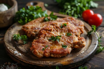 Closeup of a rustic style homemade fried chicken chop on a wooden board