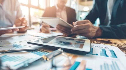 Business people tablet and office with collaboration teamwork and laugh from project success Happy staff and company with digital planning and financial research at audit agency with m : Generative AI