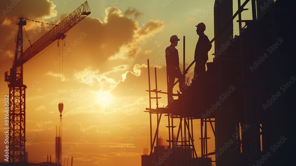 Poster Silhouette of Engineer and worker on building site construction site at sunset in evening time : Generative AI