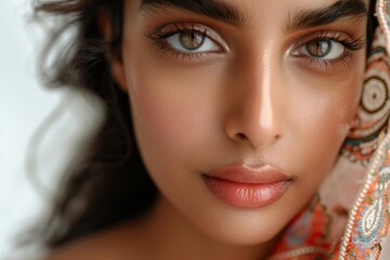 Fototapeta premium Closeup portrait of a stunning Indian girl with flawless skin wearing makeup Beauty health and care emphasized Isolated on a white background