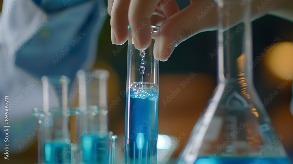 Fototapete closeup hands dropping fluid from dropper flask beaker into blue test tube sample laboratory for com
