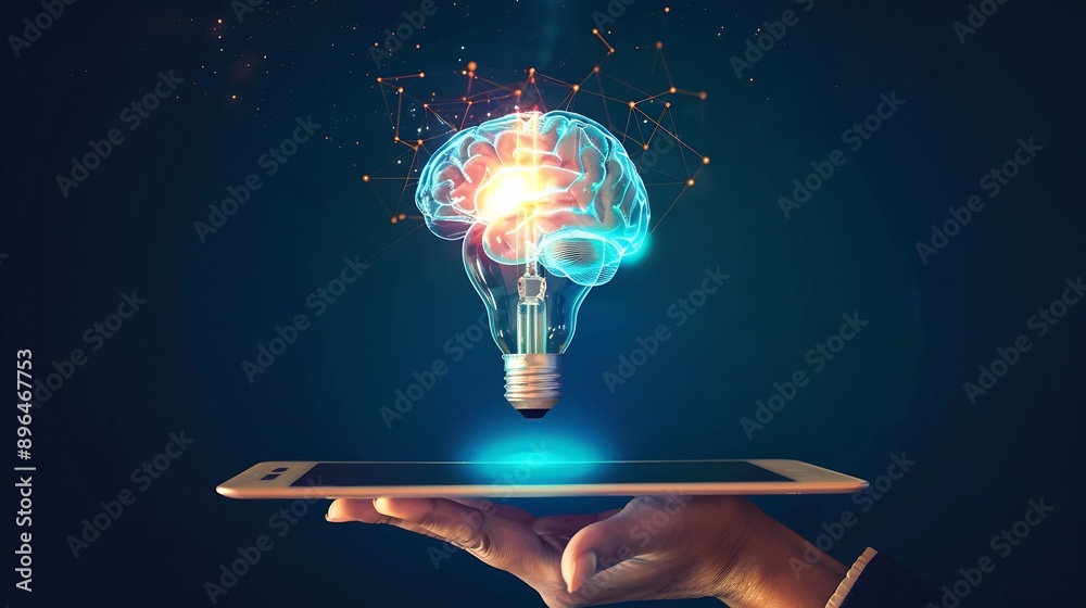 Fototapete Hand holding tablet with bulb for Artificial Intelligence or AI brain analysis informationTechnology and science conceptmachine learning systemHitech and futuristic world : Generative AI