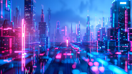 Fototapeta premium A futuristic cityscape on a neon blue background.