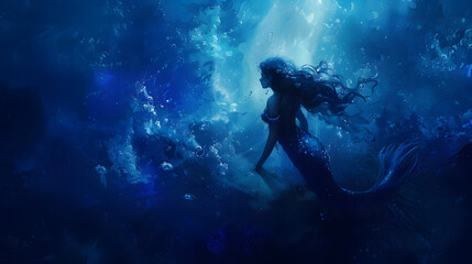 A mermaid in the ocean on a deep blue background.


