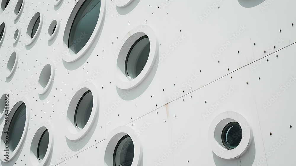Aufkleber Modern minimalist architecture A building with white walls and small round windows Geometric pattern on white background : Generative AI