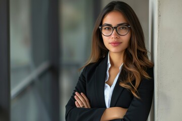 Naklejka premium Confident young Latin businesswoman portrays female leadership smiling while posing