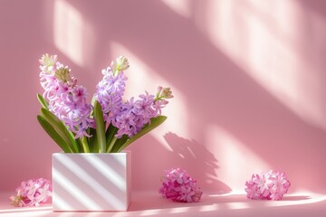Cosmetic and goods display with white square podium on pink background adorned with hyacinth flowers in sunlight creating elegant ambiance