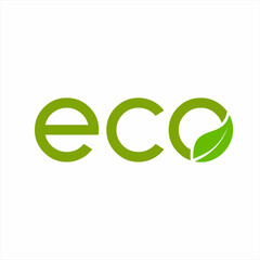 Eco text logo design with leaf symbol on letter O.