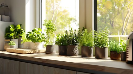 Kitchen Windowsill with Green Herbs and Sunlight