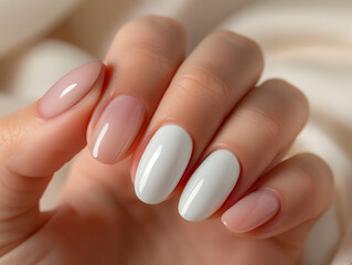 Hand with elegant white and pink nail polish. Classic, timeless and natural manicure design. Nail care and beauty salon concept.