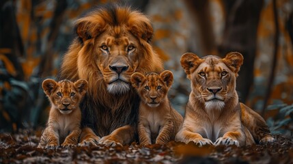A family of lions in magnificent poses in a forest. A family of lions captured by a wildlife portrait in a dense forest.