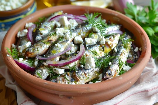 Delightful sardine and feta cheese salad from top view