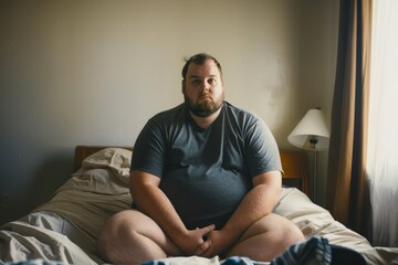 Depressed overweight man at home gazing at the camera feeling insecure