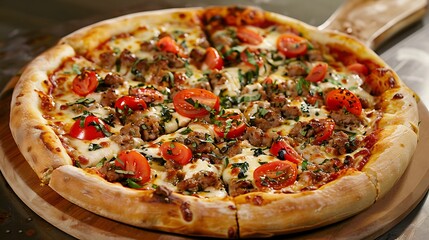 Delicious Homemade Pizza with Sausage, Cherry Tomatoes, and Basil