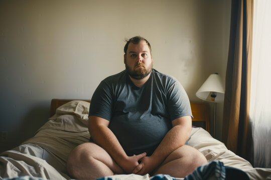 Depressed overweight man at home gazing at the camera feeling insecure